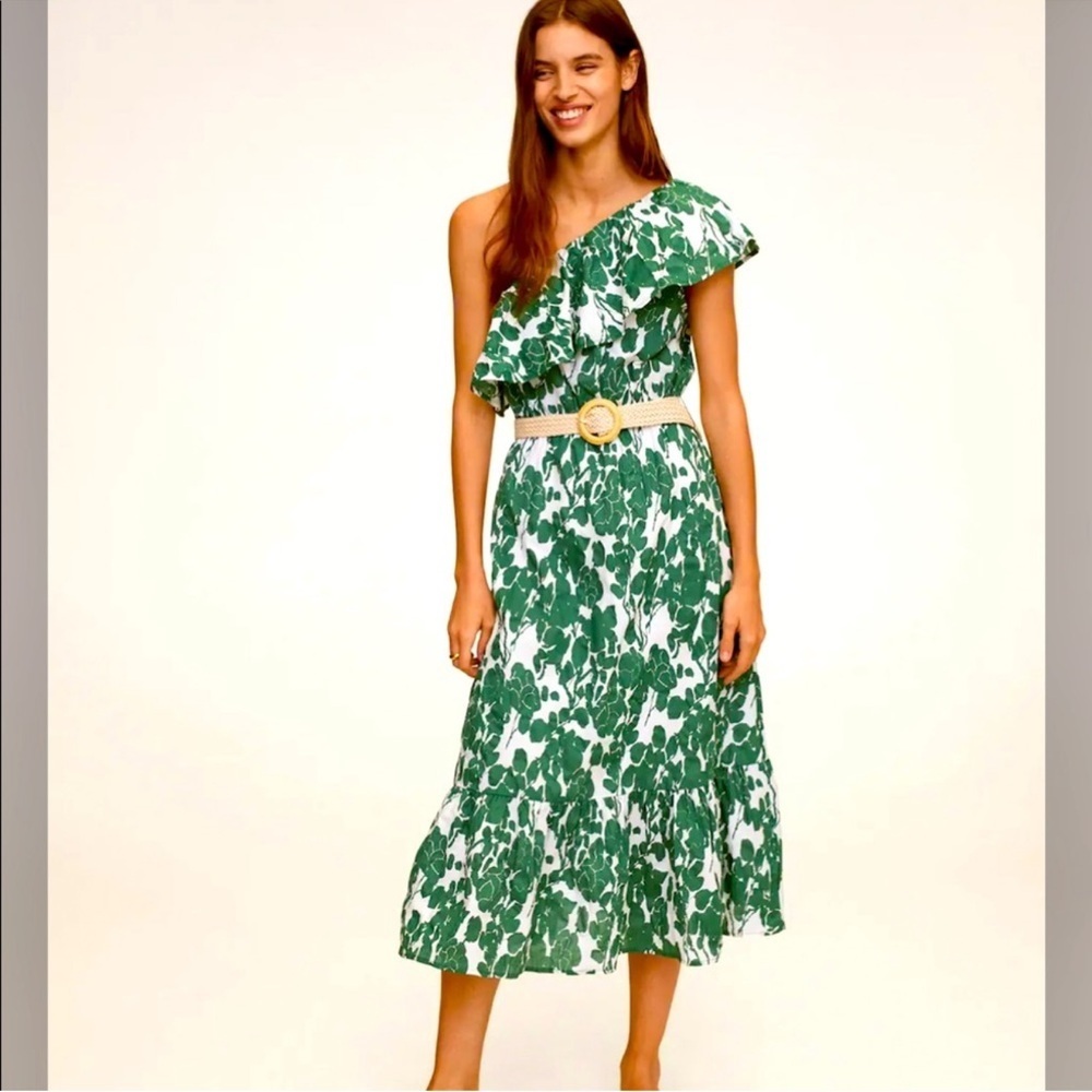 Mango One-Shoulder Green Leaf Dress